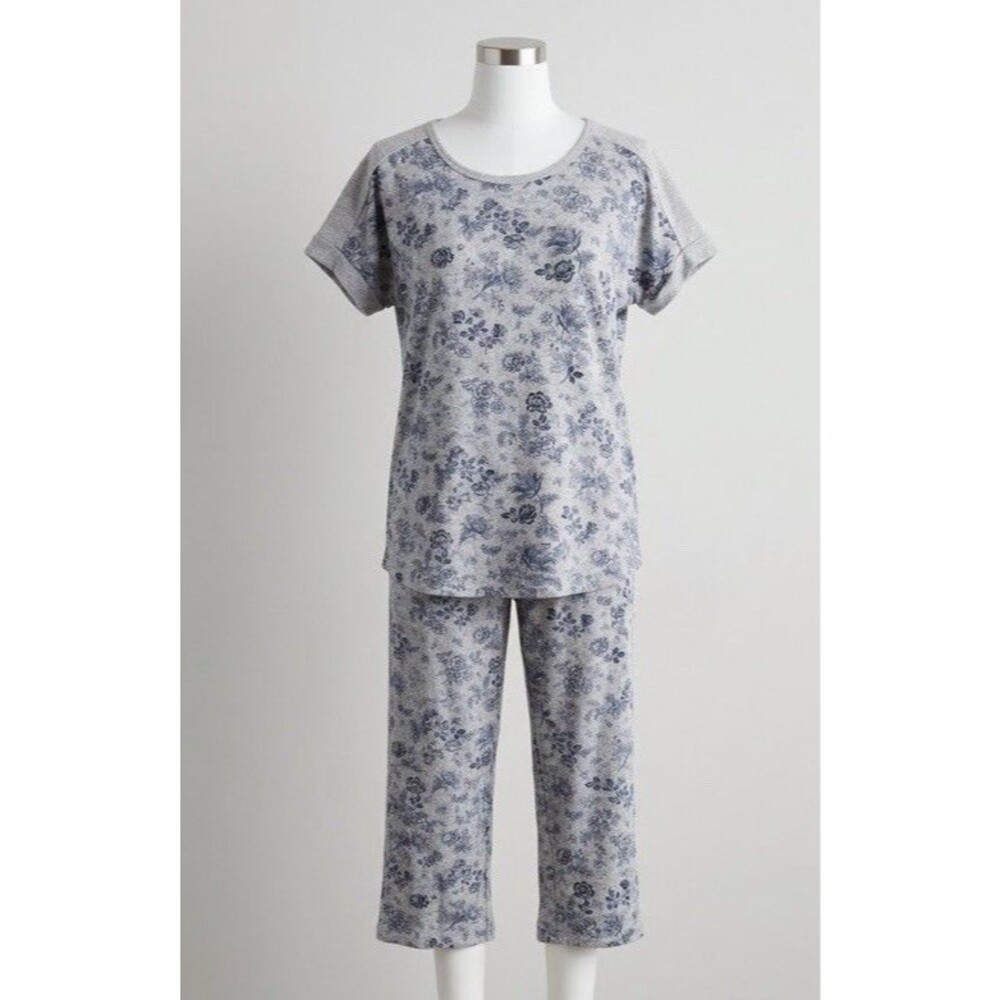 Lucky Brand Women's L loungewear Set Gray/Blue Floral Top & Pants Drawstring